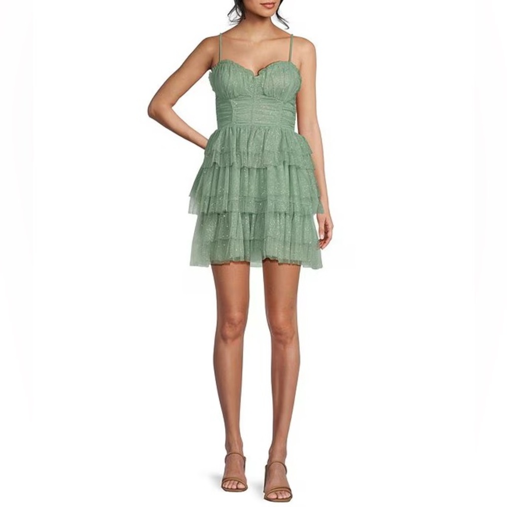 Party formal ruffled sparkly homecoming Green Dress 3 Junior small sage NWT